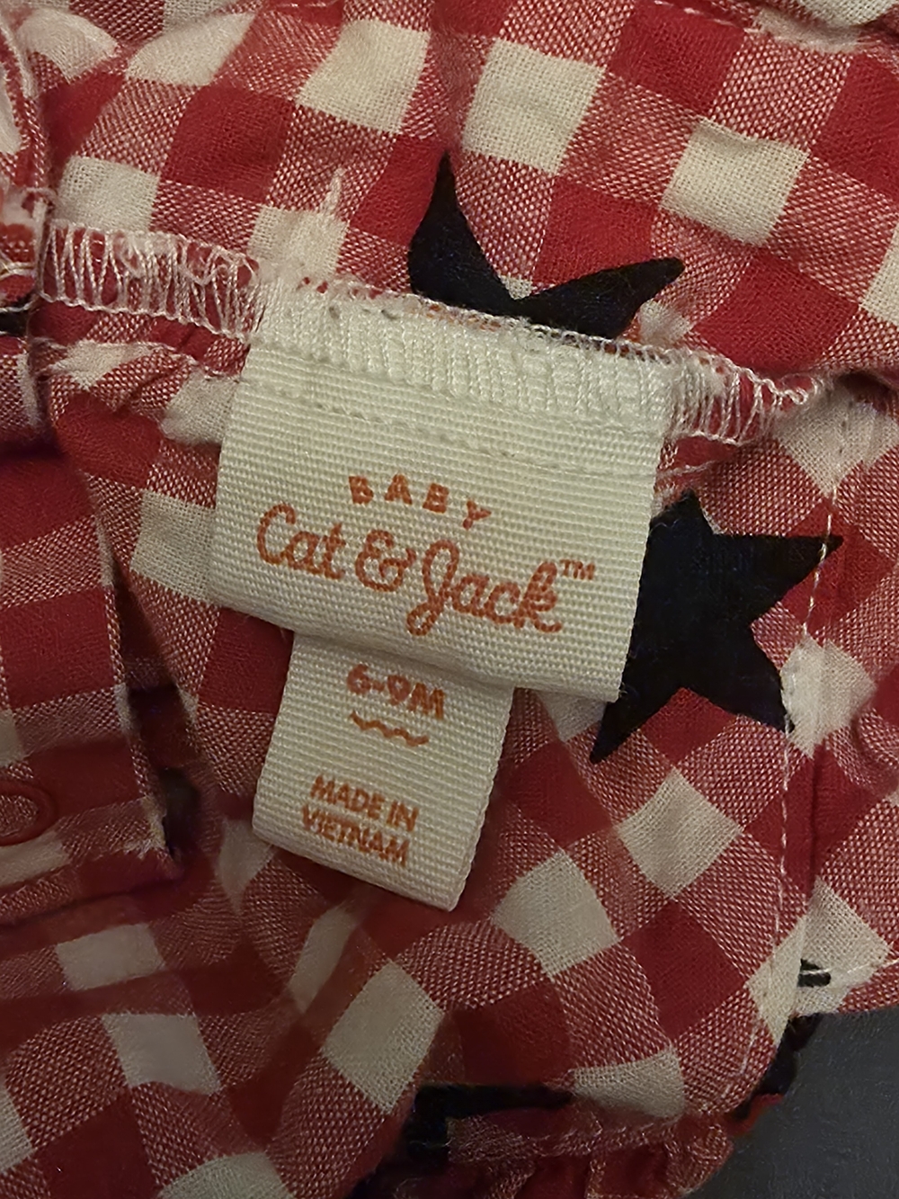 Cat & Jack Red and White Gingham Baby Romper with Black Star Accents 6-9M - Picture 11 of 12